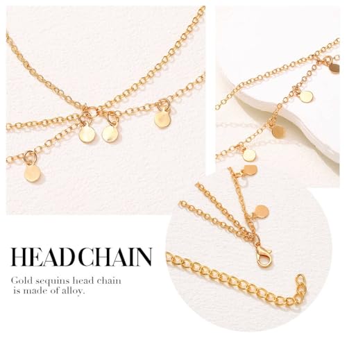 Brishow Gold Head Chain Egyptian Headpiece for Women Forehead Accessory | 20.5 in+3.9 in Adjustable genie head jewelry photos alloy small sequin headchain boho festival prom party concert