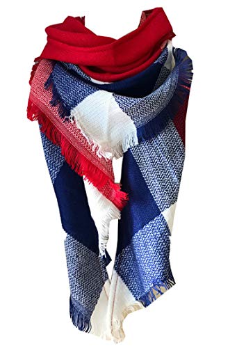 Wander Agio Womens Warm Long Shawl Winter Wraps Large Scarves Knit Cashmere Feel Plaid Triangle Scarf - color: Big Red Blue 6