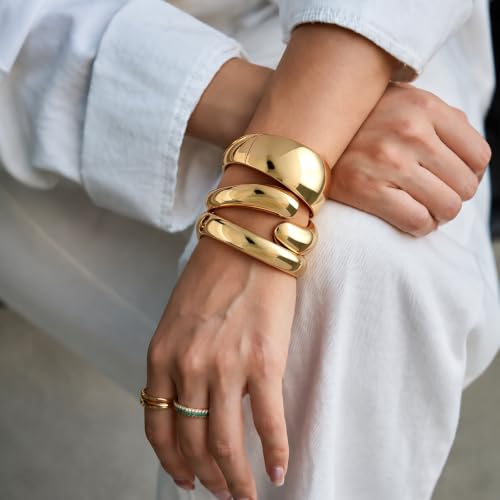 Chunky Gold Bangle Bracelets for Women Trendy 14K Gold Plated Cuff Bracelets Stack, Dainty Gold Bracelet Sets Non Tarnish Fashion Jewelry Gift - style: Gold-3pc-011