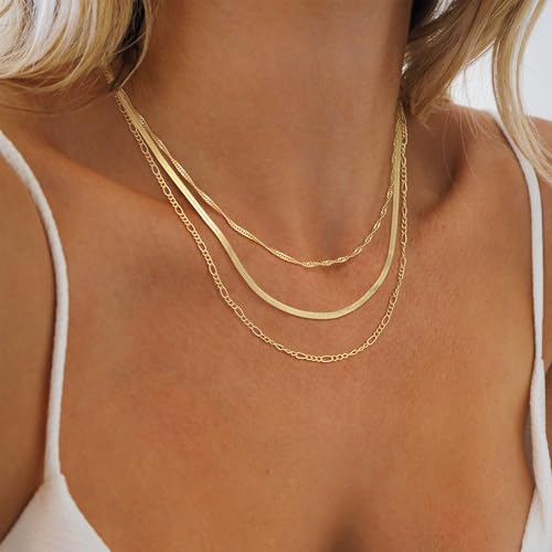 NECOCY 14K Gold Plated Layered Necklace for Women, Dainty Chain Necklace Stackable Trendy Cuban Link Rope Snake Chain Choker Simple Chunky Herringbone Necklace Stack Jewelry Set Gift for Women - style: 3PCS Layered-A