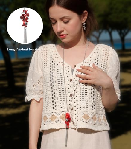 Noessla Boho Long Pendant Necklaces for Women Silver Tassel Long Necklace Sweater Chain Mothers Day Gifts Silver Costume Jewelry for Women - color: Red