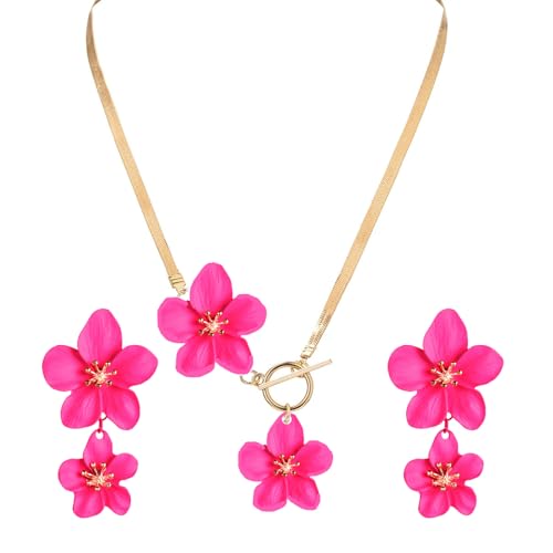 WCRAZYE Gold Flower Earrings Necklace Set for Women Boho Summer Daisy Floral Statement Earrings Brides Wedding Guest Dresses Jewelry - color: Rose Red