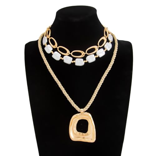 Chunky Gold Necklace for Women, Layered Cross Pendant Pearl Necklace, Stacked Thick Gold Jewelry, Geometric Square Oval Chain, Big Gold Pendant Fashion Accessories - style: Style C
