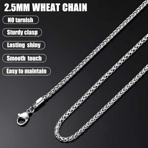 Fiusem Wheat Chains for Men and Women, 2/2.5/3/4/5mm Silver Tone/14K Gold Plated/Black Necklace Chain, Stainless Steel Mens Necklace 16-28 Inch - size: 20 Inches, style: Silver 2.5MM