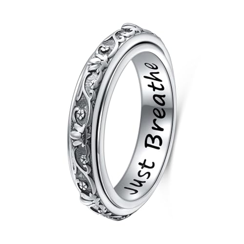 Ladytree Spinner Fidget Ring Sterling Silver Thumb Band for Women Anxiety Ring Platinum Plated Worry Stress Relief Just Breathe Boredom ADHD Autism Rings Boho Jewelry Gift - color: D-oxidized lotus