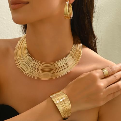 African Choker Necklace Bracelet Earrings Set for Women Dainty Chunky Gold Hoop Choker Necklace Wide Cuff Bangle Bracelets Exaggerated Ethnic Statement Jewelry Set for Women - style: B