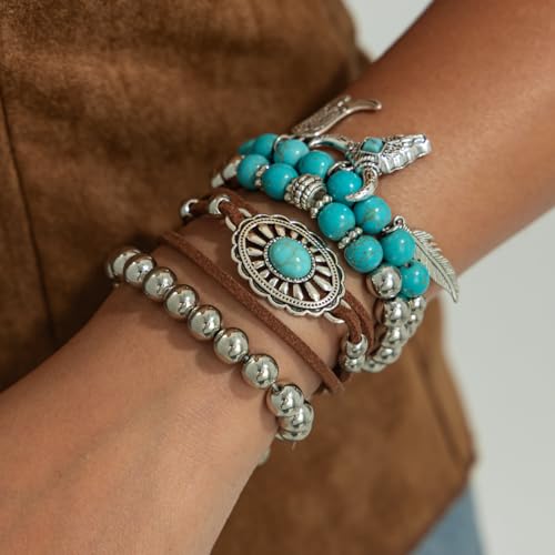 Turquoise Beaded Stretch Bracelets Bohemian Stackable Bracelets Y2K Summer Beach Bracelets Jewelry for Women - color: Stackable-Western