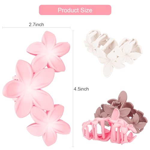 ANBALA Flower Claw Hawaiian Hair Clip, 4PCS Large Plumeria Hair Clips for Women, Non-Slip Strong Hold Clips for Thick Hair, Beach Hair Accessories (Pink, Gradient White, Dark Pink) - color: D-4pcs large colorful flower-Pink