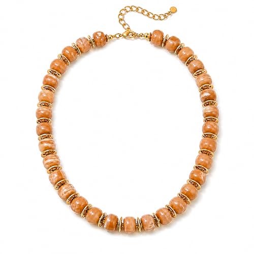 Mchic Colorful Beaded Choker Necklace for Women: Boho Large Square Acrylic Beaded Necklace Stainless Steel Adjustable Surfer Beach Strand Necklaces Summer Handmade Jewelry Gift for Women - color: Caramel-Round