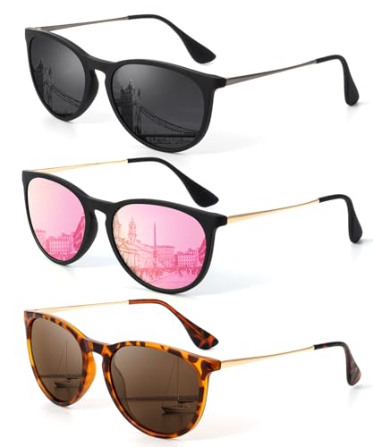 KALIYADI Sunglasses Womens Polarized Womens-Sunglasses: Trendy Sun Glasses with UV400 Retro Style for Party Beach Shopping - color: C4 Black/Grey + Black/Pink + Leopard/Brown