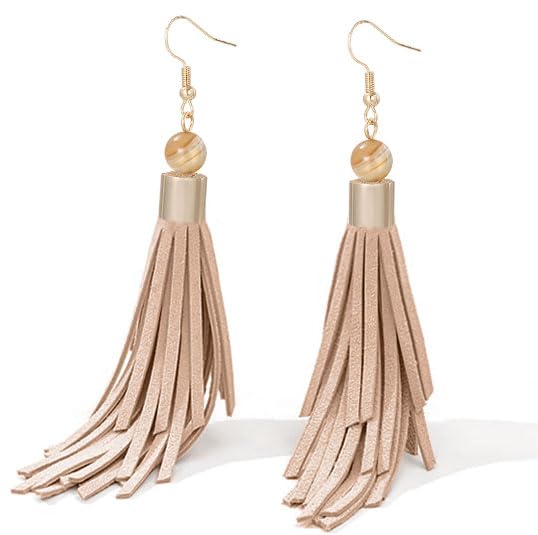 Coiris Boho Leather Layered Tassel Earrings for Women Lightweight Leather Fringe Dangle Earrings Handmade Bohemian Summer Beach Western Drop Earrings for Women - color: Khaki