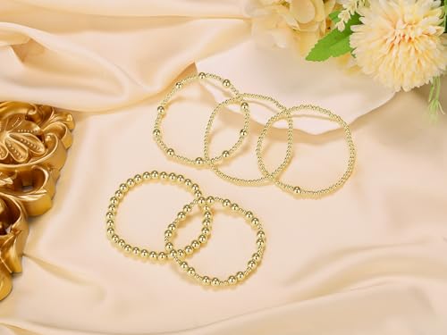 XIANNVXI 5PC Platinum Plated Silver Beaded Bracelet for Women Stretch Elastic Stackable Bead Ball Bracelet Trendy Set Women Dainty Jewelry - color: Gold B