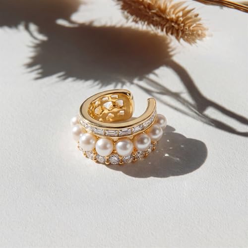 MEVECCO Ear Cuffs Non Piercing For Women 18K Gold Plated Turquiose Pearl Zircons Ear Cuff Earring Clip on Cartilage Fake Hoop Earrings Stack Jewelry Gifts - style: Pearl