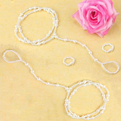 BeeSpring Pearl Anklet Barefoot Jewelry Sandals Beach Chain Toe Wedding Ankle Bracelet Elastic Hand and Foot Chain for Women (2 Sets)
