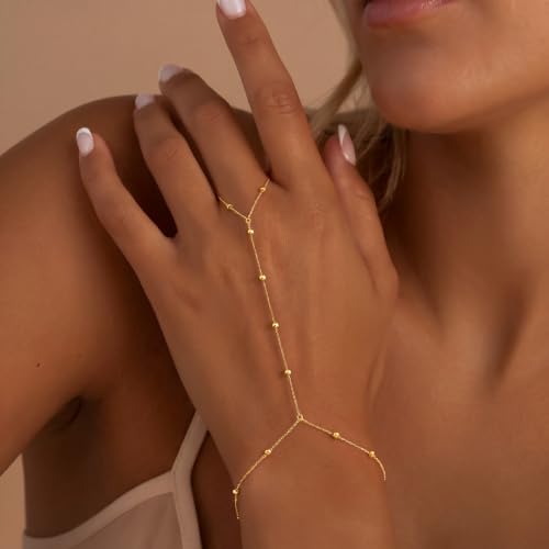 Poxtex Waterproof 14K Gold Plated Hand Chain Bracelet for Women, Non Tarnish Hypoallergenic Beaded Finger Ring Bracelet with Cubic Zirconia, Dainty Minimalist Boho Indian Style Stackable Wrist Body Jewelry for Summer Festival Vacation - color: Gold Beaded