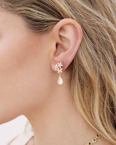 Pearl Earrings - 14K Gold/White Gold/Rose Gold Plated Cubic Zirconia CZ Diaomond Accented Pearl Drop Dangle Earrings for Women Wedding Bridal Prom - color: Flower