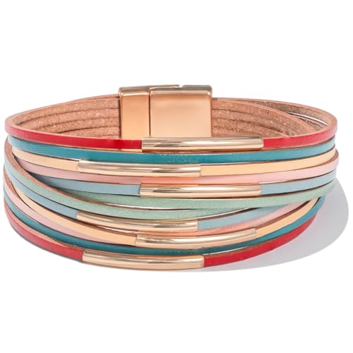 FANCY SHINY Boho Leather Bangle Bracelets Stackable Noodle Tube Bracelets Layered Wrap Cuff Bracelets with Magnetic Clasp - color: Colorful