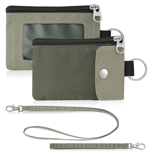 Artpaxy Minimalist Wallet For Mens Womens, Keychain RFID Blocking Zipper Small Wallet with ID Window 2 Lanyards,Water Resistant Travel Cash Card Coin Case Boys Girls - color: Army green+Light gray green, style: Casual