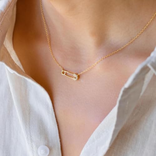 VRIUA Gold Necklace for Women - 14K Gold Plated Dainty Italian Horn Star of David Butterfly Bow Sun Lotus Volleyball Baseball Cowboy Boots Necklace Jewelry Everyday for Women - style: Safety Pin