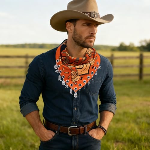 AWAYTR 100% Cotton Bandana for Cowgirl Western Cowboy Costume, 21 Inch Paisley Scarf with Grommet Western Ornaments - color: Coffee(wild West)