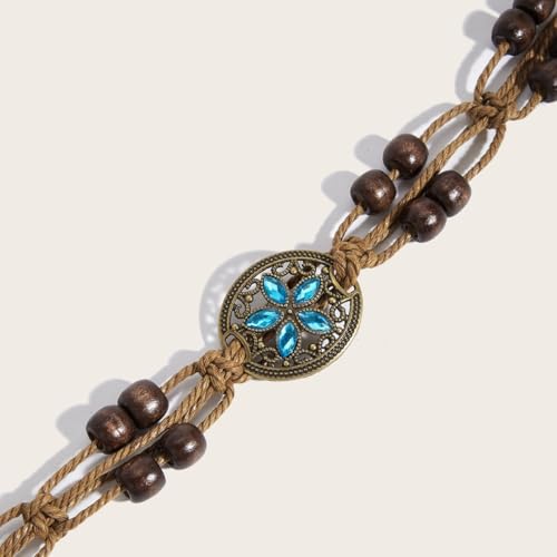 Women Braided Waist Belt Boho Woven Belt with Wooden Beads and Ring Clasp Vintage Long Tassel Rope Tie Belt for Dress - color: Brown 3