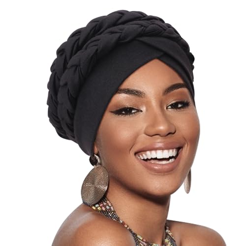 African Women Turban Caps Pre-Tied Twisted Turbans Head Scarf for Women Hair Wraps Cover Beanie Cancer Chemo Headwear - color: 1 Pack Double Twisted Braid: Black