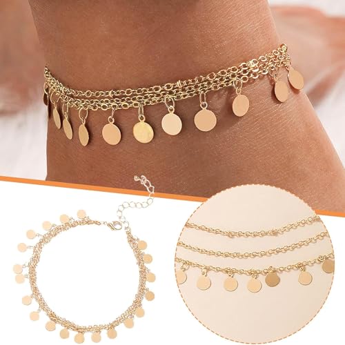 Fesciory Women Heart Anklet Adjustable Beach Layered Ankle Bracelets for Women Gold Alloy Foot Chain Jewelry - color: 3 Layered Disc