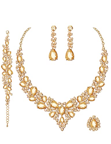 CSY 4 Pcs/Set Austrian Crystal Necklace Earrings Bracelet Ring Bridal Jewelry Sets for Brides Wedding Party Costume Accessories Gifts for Women - color: gold plated-champagne