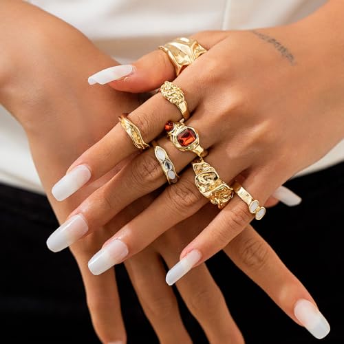 Chunky Gold Rings for Women Non Tarnish Boho Stackable Rings Set Adjustable Open Joint Finger Midi Knuckle Ring Packs - color: Gold Chunky Rings 7Pcs
