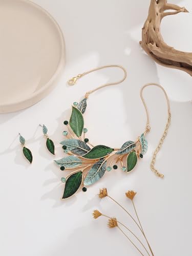 Vintage Chunky Statement Jewelry Set Retro Leaf Floral Geometric Bohemian Boho Bib Necklace Earring Set Fashion Costume Jewelry for Women Girls Wedding Party Prom Unique Gift - style: spring leaf-green gold