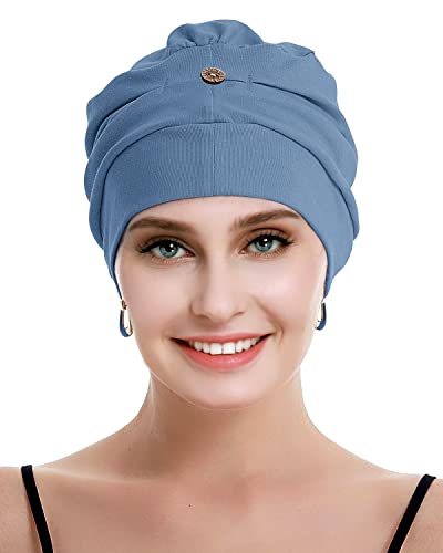 osvyo Cotton Chemo Turbans for Women Cancer Hairloss hat - Cotton Lightweight Headwear Sealed Packaging - color: Cotton Cerulean Blue