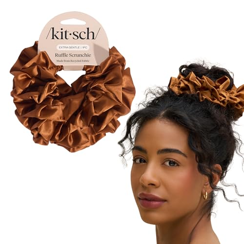 Kitsch Recycled Satin Ruffle Scrunchie – Gentle Hair Scrunchie for Women, Eco-Friendly Hair Tie No Damage, Stylish Ponytail Holder | Ideal Gifts for Women - Camel - color: Camel