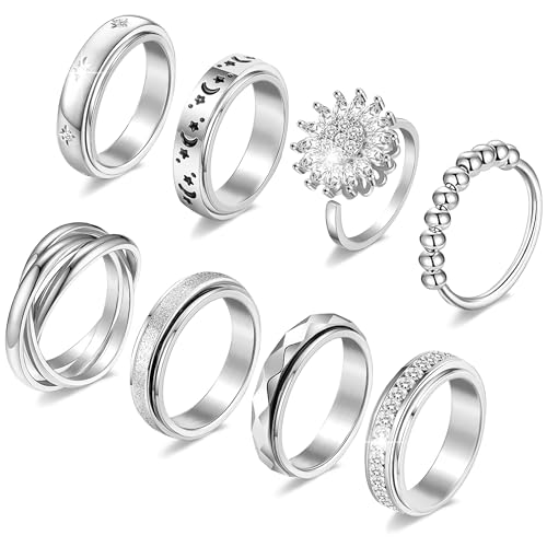 FEYIR 8 Pcs Fidget Rings for Women Anxiety Spinner Stainless Steel CZ Band Ring Spinning Rings Set for Anxiety - color: 8pcs-Silver