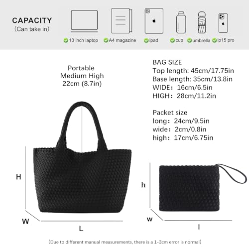 Woven Bag for Women, Large Neoprene Tote Bag Summer Beach Handbag Purse Retro Handmade Travel Shoulder Bag Set - color: Black