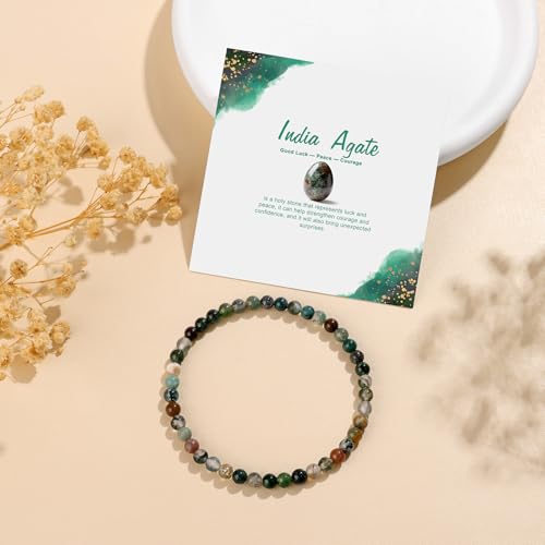 Natural Gemstone Beads Bracelets Healing Crystal Stone Beaded Bracelet for Women Men Handmade Spiritual Jewelry Gifts - color: India Agate, size: Round Beads