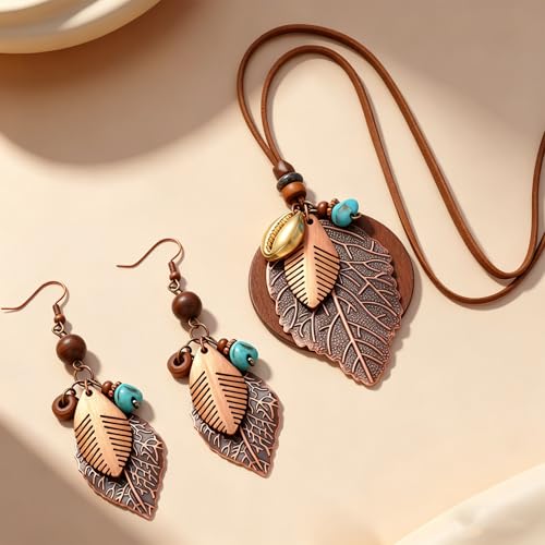 Wooden Leather Necklaces Set Bohemian Wood Stack Discs Long Chain Hemp Rope Bronze Plated Pendant Ethnic Tribal Fall Leaf Earrings Jewelry Statement Necklace - color: R-028