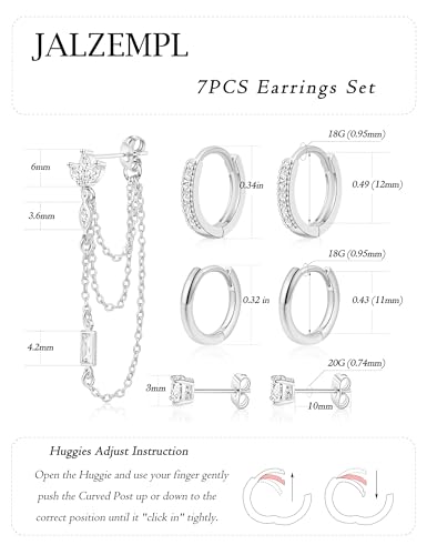 7Pcs Earring Stacks Cartilage Helix Flat Back Hoop Set For Women Stud Small Huggie Chain Multiple Piercing 14K Gold Plated Jewelry Triple Cubic Zirconia - color: Silver, size: Butterfly