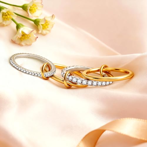 Gold Stackable Rings for Women 18k Gold Plated Rings Non Tarnish Gold Rings Cubic Zirconia Rings Silver Gold Multi Ring Interlocking Stackable Rings Mixed Metals Stack Rings Set Jewelry Gift for Women - color: 2 pcs silver+2 pcs gold, size: 8