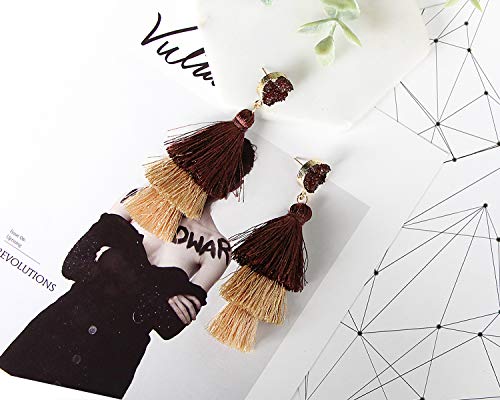 Me&Hz Colorful Layered Tassel Earrings Bohemian Statement Tiered Tassel Big Dangle Drop Earrings for Women Druzy Studs Valentine’s Day Gift - color: Brown Ombre