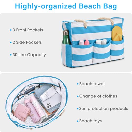 Becokan Beach Bags for Women Canvas Large Beach Tote Bag Zipper Waterproof Sandproof Foldable Swim Pool Bag with 7 Pockets - color: Light Blue