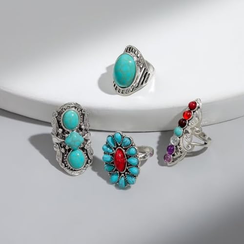 Turquoise Stackable Finger Ring Set Boho Knuckle Rings Midi Joint Carved Rings Natural Stone Adjustable Rings Victorian Handmade Jewelry Cocktail Party Birthday for Women Gift