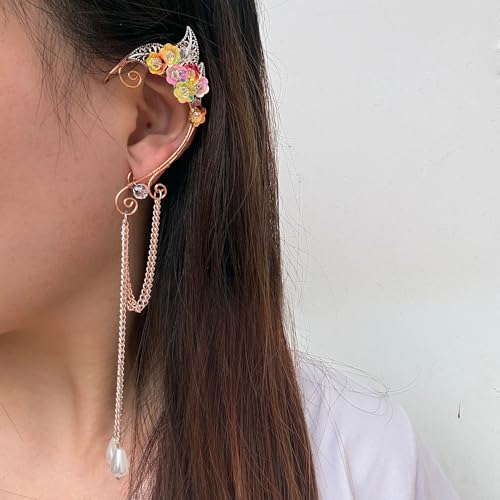 Elf Ear Cuffs, OwMell Handcraft Silver Pointed Fairy Elven Cosplay Fantasy Costume Bridal Wedding Earrings for Non Pierced Ears - style: Colorful Flowers with Pendant