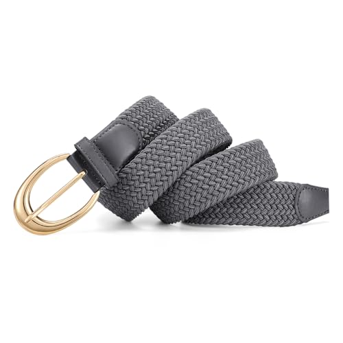 LEACOOLKEY Stretchy Braided Golf Belt for Women Elastic Woven Belts Unisex Elastic Fabric Belt for Jeans Pants - color: Gray/Gold Buckle, size: Fit waist size below 27"