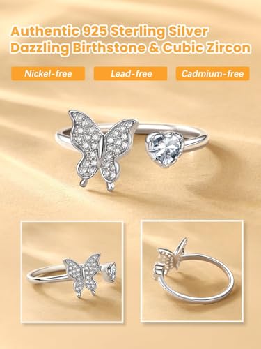 Bestyle 925 Sterling Silver Butterfly Ring Hypoallergnic Adjustable Birthstone Rings for Women Butterfly Jewelry Gifts for Anniversary Mothers' Day Birthday - color: 04.April (Diamond)