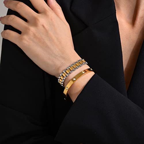 MPRAINBOW 2pcs 18K Gold Plated Chain Link Bracelet, Stainless Steel Crystal Friendship Bracelets Bangle,Watch Band Chains Wristband Jewelry with Adjust Tool - color: Gold Set - G
