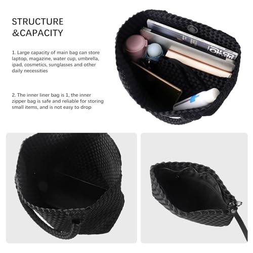 Woven Bag for Women, Large Neoprene Tote Bag Summer Beach Handbag Purse Retro Handmade Travel Shoulder Bag Set - color: Black