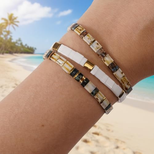 Tila Flat Square Stack Beaded Bracelets Set for Women Men, Boho 3Pcs Romantic Handmade Healing Gold Colorful Stretch Accessories Jewelry, Daily Vacation Party Holiday Friendship Gift - color: Brown White Brown