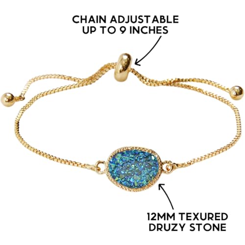 Humble Chic NY Simulated Druzy Chain Bracelet for Women - Boho Stackable Adjustable Bolo Slider Bracelet - color: Gold - Blue Green Stone