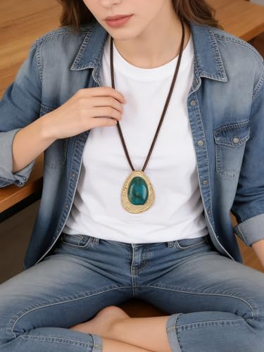 GelConnie Long Necklaces for Women Boho Large Pendant Necklace Casual Bohemian Brown Leather Choker Sweater Circle Statement Stone Necklace - style: Blue Leather Necklace