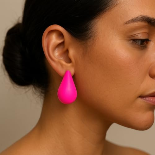 14K Gold Clip On Earrings Women,Teardrop Chunky Detachable Hoop Clip-On Earrings for Non Pierced Ears Hypoallergenic Lightweight Earring Clips - color: Hot Pink